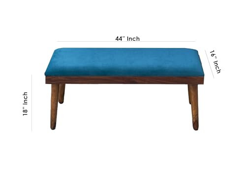 Image of DaneWood Wooden Dining Table 6 Seater | Six Seater Dinning Table with Upholstered 4 Dining Chairs & 1 Bench for Home | Dining Room Sets for Restaurants | Sheesham Wood | Honey Finish & Blue