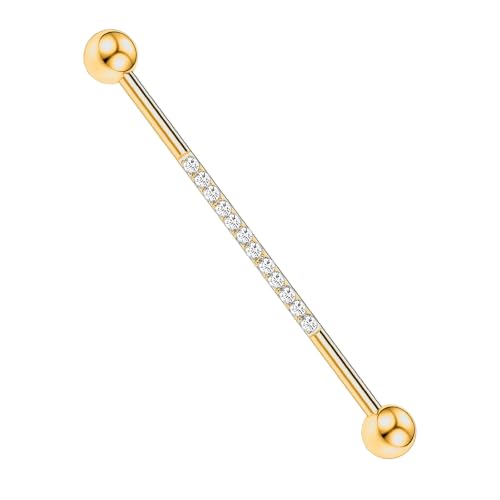 AROWRO Industrial Piercing Jewelry Gold Industrial Barbell Industrial Earrings for Women Men 1.5 Inch 38mm 14G Surgical Steel Gold Plate Industrial Bar with Cubic Zirconia