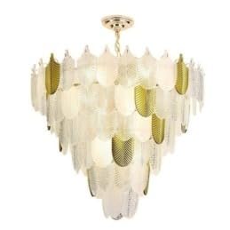 Image of 600MM Chandelier for Living Room | Cascading White & Gold Leaf Panel Design in Tiered Style | Smart Control, Alexa & Google Assistant | 3 Color LED Jhumar Ceiling Light for Dining Hall