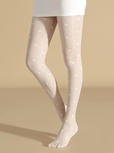 Milumia Women's Heart Printed Tights Semi Sheer High Waist Stockings Pantyhose White One Size #TOP3