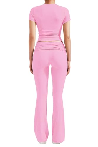 YETOWA Women's 2 Piece Lounge Outfits Slim Short Sleeve Tops Low Rise Flare Leggings Sets Yoga Sweatsuit