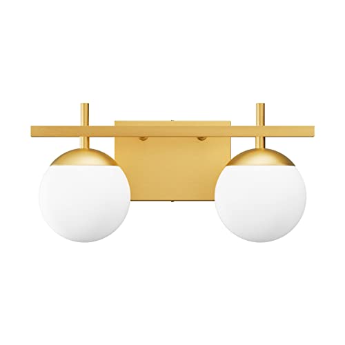 Image of Ralbay 2-Light Gold Vanity Light Mid Century Modern Bathroom Vanity Light Fixture Milky Glass Globe Bathroom Wall Light Fixtures Gold 2 Light