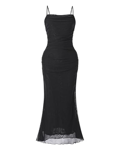 OutfitShow Womens 2026 Summer Floral Spaghetti Strap Bodycon Dresses Ruched Mesh Sexy Cocktail Party Long Dresses, Black XL