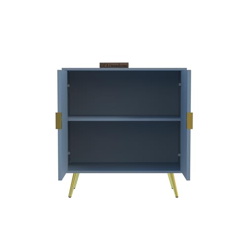 Image of Wooden Fluted Design Storage Cabinet with 2 Doors | Modern Sideboard Cabinet for Living Room, Bedroom & Entryway | Multipurpose Organizer Cupboard | HDMR Premium Wood | Gold Metal Legs (Aqua Blue)
