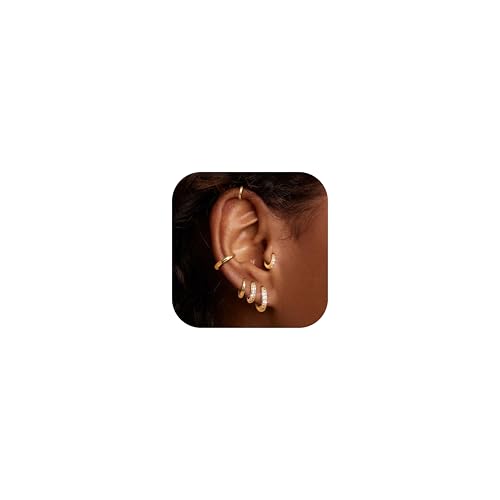 DOCHAIS Juego de 6 Pares de Aros de Oro Chapado de 14k, Pequeños Aros para Mujeres, Aros Huggie Hipoalergénicos con Circonia AAA+ para Mujeres y Hombres con Múltiples Perforaciones