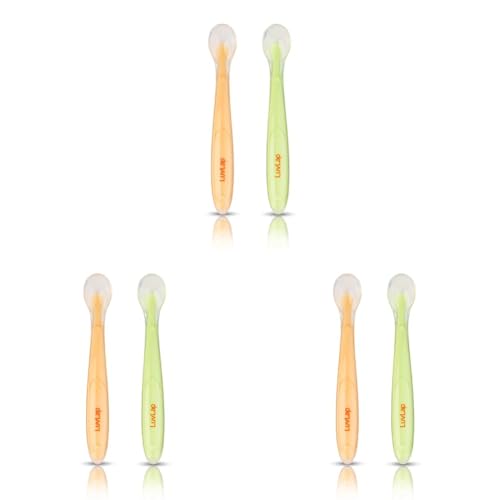 Image of LuvLap Baby Feeding Spoon Set of 2 with Ultra Supple 100% Silicone Tip,Bpa Free Material with Food Grade Silicone Tip,Self Feeding Utensil,Baby Weaning Spoon for Kids 4 Months+(Green&Pink),16 Cm