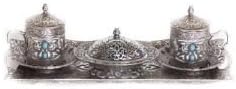 Traditional Turkish Style Coffee Serving 11-Piece Set with Colored Stone Insets (Antique Silver)