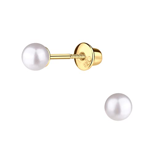 Precious Pieces Girls 14K Gold Plated or Sterling Silver 4-5mm Cultured or Simulated Pearl Earrings with Safety Screw Backs for Babies, Toddlers, Teens, or Women