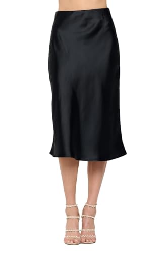 Women Solid High Waist Silky Casual Elastic Satin Midi Skirt(Small,Black)