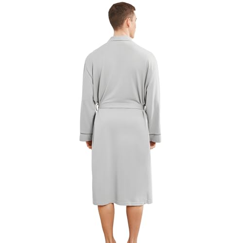 Image of Mens Lightweight Robe, Knit Kimono Bathrobe Spa Sleepwear Soft Knee Length Robe With Pockets