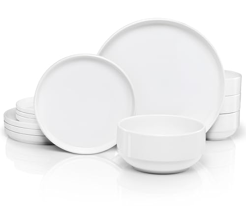 Opiniones de Venta de vajillas los mejores 5. 42 Juego de vajilla de cerámica, servicio de 12 piezas para 4, cuencos de sopa (32 oz), platos de ensalada (7.5 pulgadas), platos de cena (10.5 pulgadas), redondos, aptos para...