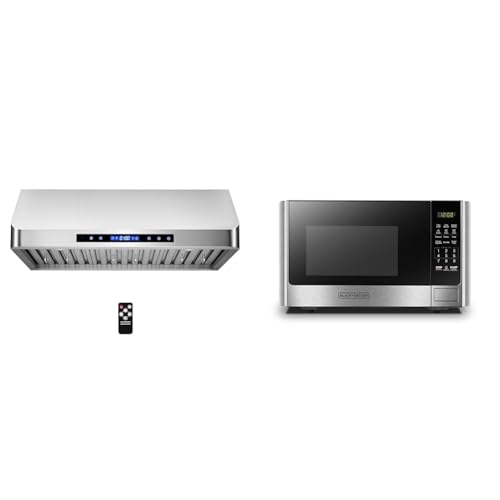 Image of COSMO COS-QS75 30 in. Under Cabinet Range Hood with 500 CFM, Permanent Filters, LED Lights & BLACK+DECKER Digital Microwave Oven with Turntable Push-Button Door, Child Safety Lock