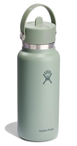 Hydro Flask Water Bottle - Insulated Stainless Steel - Wide Mouth Flex Straw Lid, Non Spill, Leakproof and Refillable in 32 Oz Tonal Agave