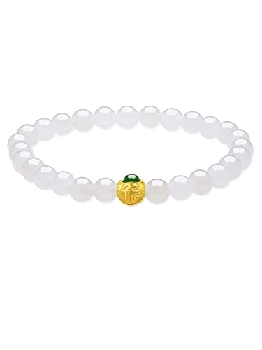 24K Solid Gold Bracelets, Real Pure Gold Jewelry White Nephrite Jade Beaded Bracelets Dainty Gold Fortune Ball Bead for Women Y1910526