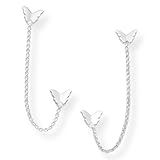 Pendientes de plata de ley con cadena de mariposa, doble piercing, plata, 7.14 mm width x 64.3 mm (6.4cm) length approx., Plata de ley, Sin piedra preciosa
