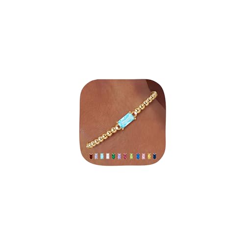 QILMILY March Birthstone Bracelets for Women - 14K Gold Plated Beaded Bracelets for Women Gold Jewelry Elastic Stack Birthstone Bracelet Birthday Gifts for Women Teen