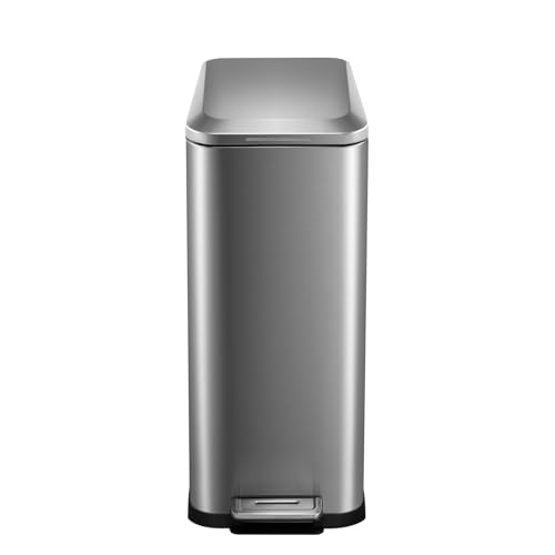 13 gal/50 L Kitchen Trash Can, Fingerprint-Proof Stainless Steel Slim Garbage Can for Narrow Space with Soft-Close Lid and Removable Inner Bucket for Kitchen, Bathroom Silver
