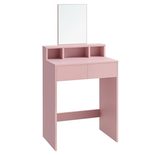 VASAGLE Toeletta con Specchio Grande, Postazione Trucco con 2 Cassetti e 3 Scomparti, Tavolo da Trucco, Stile Moderno, Rosa Pastello RDT103R01