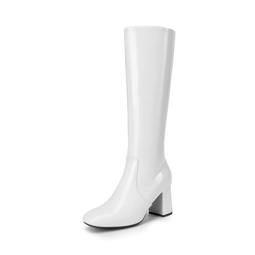 DREAM PAIRS Women's Gogo Boots Square Toe Side Zipper Chunky Heel Knee High Boots For Women,Size 7.5,White,DWUMKB2517
