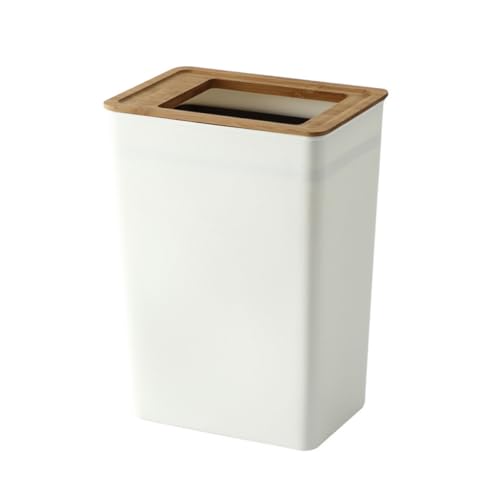 Bote de basura minimalista con tapa de madera blanco rectangular miniatura 3