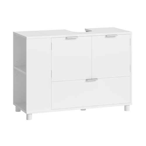 FORABAMB Waschbeckenunterschrank weiß, Badezimmerschrank mit 2 Türen, große Schublade, offene Fächer an Einer Seite, rechts oder Links austauschbar,Unterschrank, Waschtischunterschrank,30 x 60 x 75 cm