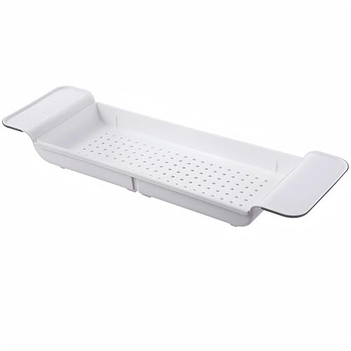 Bath Tray White Plastic Bridge Rack Caddy Toy Storage Candle Wine Phone Pad Book Cup Stand Bathroom Storage Bathtub Tray Table Extendable for Tub Dish Drainer Lightweight 75cm