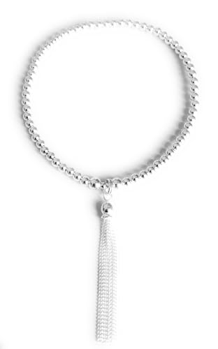 Sterling Silver 925 Beaded Stretch Tassle Charm Bracelet