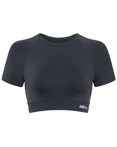 Image of AUROLA Influence Women Crop Top Short Sleeve Compression Workout T-Shirt | Raglan Short Sleeve Crop Top, High-Stretch Seamless Knit, Stay-Put Ribbed Underband, Soft Breathable Comfort