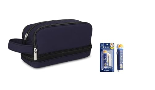 Image of Large Capacity 4 Compartment Pencil Case with Handle | Aesthetic School Pouch for Girls & Boys | Blue Space Eraser Included | Stationery Organizer for School, College & Office(Black Pouch + Eraser)