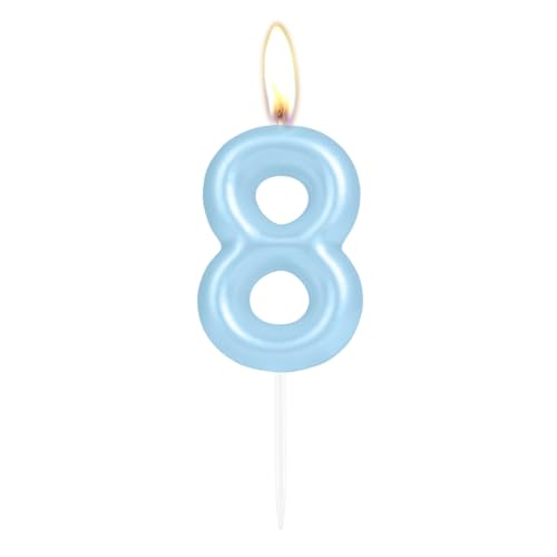 Vela de cumpleaños número 1 brillante en azul claro, vela de número 8 en azul perla para pastel, adorno de tarta y cupcake para niña y niño, decoración para boda y aniversario