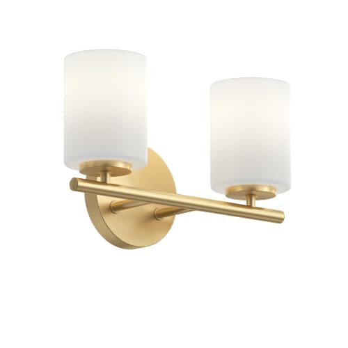 Image of Progress Lighting Replay 13 Inch 2-Light Vanity Light, Transitional, Brushed Gold with Etched Glass Shades, (7.875 inch H x 13 inch W x 6 inch D), P2158-191