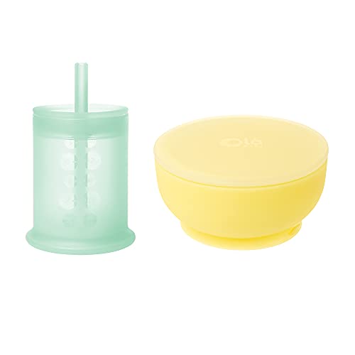 Image of Olababy 100% Silicone Training Cup with Lid + Straw(Mint) and Suction Bowl (Lemon) Bundle