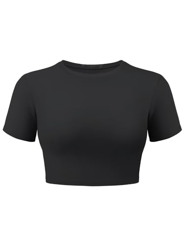 VOYJOY Womens Double Lined Fitted Short Sleeve Crop Tops Crew Neck Casual Workout T Shirts Cute Basic Tee