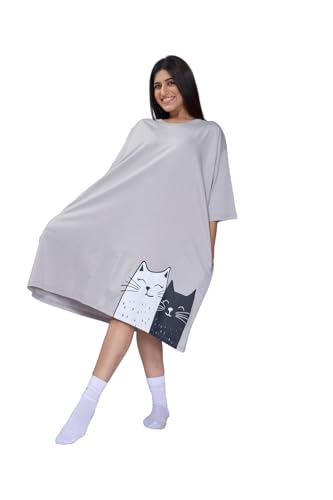 Image of LAMA STORE Women's Printed Oversized T-Shirt Dress, Cotton, 3 /4 Sleeve Length, Casual Loose Fit, Comfort Wear Extra Comfy Oversized Printed Pocket T-Shirt Dress