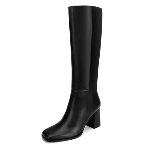 Knee High Boots for Women Faux Leather Square Toe Chunky Block Boots Long Tall Boots with Side Zip