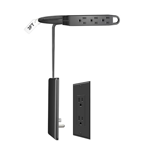 CABOCASA 3FT Ultra Flat Plug Extension Cord Power Strip with 3 Outlets Patented Detachable Ultra-Thin Outlet Cover Concealer & Ultra-Flat Plug Max. 13A 125V 1625W ETL Listed Black Color