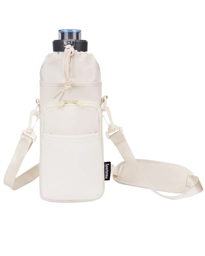 sportsnew Water Bottle Carrier Bag 32 OZ Water Bottle Holder Bag with Drawstring Closure Adjustable Shoulder Strap Insulated Water-Resistant Bottle Bag for Walking Hiking, Beige Patent Pending
