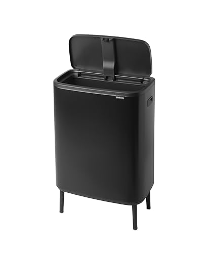 Image of Brabantia Bo Hi Touch Top Kitchen Trash Can with Single Compartment & Raised Legs | Matt Black | 16 Gal Inner Bucket | Soft-Close, Light Touch Opening, Stay-Open Lid | + Trash Bags