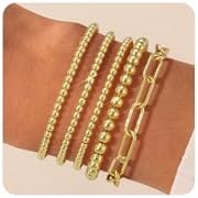 Gold Beaded Bracelet for Women 14K Gold Plated Bracelets Gold Stretch Bead Ball Bracelets Hypoallergenic Stackable Bracelet Set