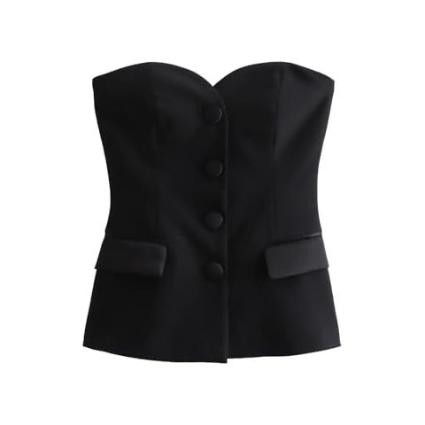 Perbai Womens Sleeveless Blazer Tube Top Off Shoulder Button Front Fitted Strapless Work Business Bandeau Vest(Black-XS) Cover