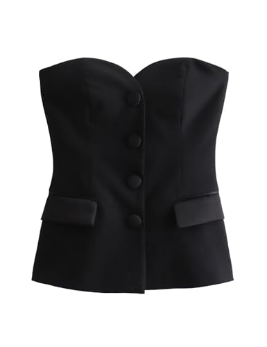 Perbai Womens Sleeveless Blazer Tube Top Off Shoulder Button Front Fitted Strapless Business Bandeau Vest