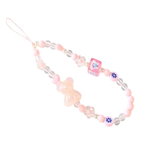 Beaded Kawaii Bear Phone Charm Lanyard Wristband Colorful Flower Charm Anti-Loss Chain Accessories Sweet Gift-A Pink
