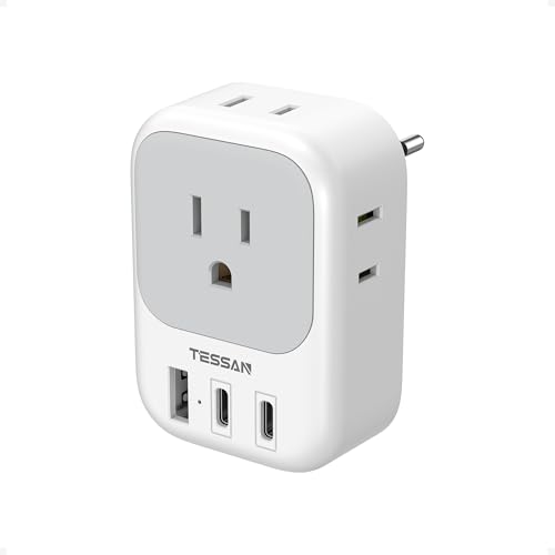 TESSAN European Travel Plug Adapter, US to Europe Plug Adapter with 2 USB C 1 USB A Port and 4 AC Outlets, Type C Plug Adaptor for EU Italy Spain France Portugal Iceland Greece Germany Turke