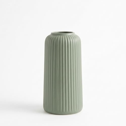 Image of KREATIVE ART'S Modern Ribbed Design Ceramic Flower Vase for Living Room, Flower Pots for Artificial Flower, Home Decoration Item, Home Decor, Vases for Living Room (SAGE Green, Small)