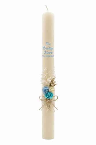 Vela/Cirio de bautizo de CERA BEIG decorada con pick floral rústico para niño/a (AZUL)
