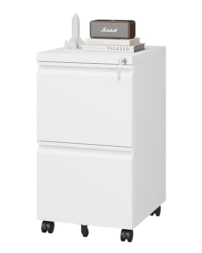 PEUKC 2 Drawer File Cabinet with Lock, Metal Under Desk Rolling Filing Cabinet fits Letter/Legal/A4 Size for Home Office, Mobile Filing Cabinet, Assemble Required, White