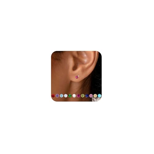 TDBSOQI Birthstone Stud Earrings for Women, Hypoallergenic 18K Gold Plated Small Diamond Cubic...