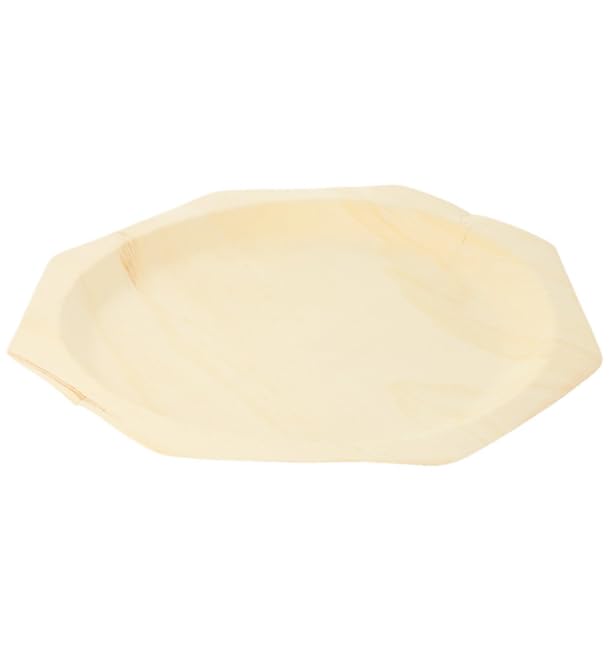 50 Platos de Madera Octogonales Ø26cm, Biodegradables, Platos para Comida, Tiendas, Eventos