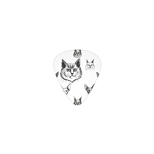 猫の顔 絵 白黒 デザインギターピック guitar pick ティアドロップ型 エレキギター/アコースティックギター/クラシックギター/ベース等の練習に最適な12枚セット