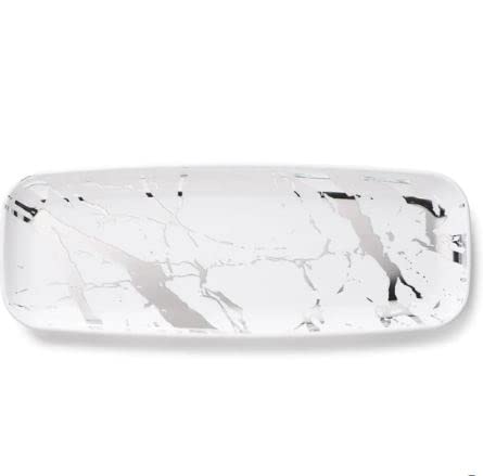 Decorline - Plateau de Service - Lot de 4 - Plats à Servir en Marbre en Plastique Réutilisable Robuste, Plateaux Traiteur de présentation/décoration Pour de Fête Buffet -Ovale 16x45 cm - Blanc/Argent